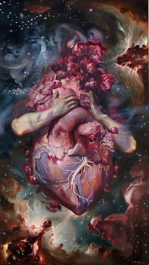 Surreal Anatomical Heart in Space Ethereal Art Inspiration, Anatomical Heart Aesthetic, Galaxy Surrealism, Heart Oil Painting, Impactful Art, Dramatic Scene, Inspirational Digital Art, Whole Universe, Oil Painting Tutorial