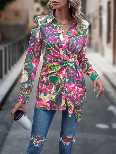 Multicolor Boho Collar Long Sleeve Fabric Floral,Paisley Shirt Embellished Non-Stretch  Women Tops, Blouses & Tee Designer Shirts Women, Long Shirt Tops, Unique Tops, Formal Tops, Women White Blouse, Paisley Shirt, Kurta Neck Design, White Long Sleeve Blouse, Western Women