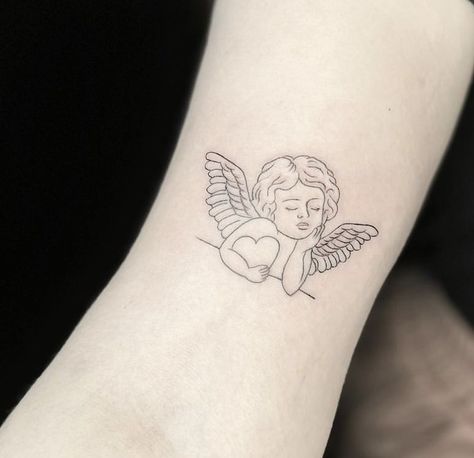 Angel with a love heart Angel With Heart Tattoo, Heart Angel Tattoo, Holding Heart Tattoo, Angel Holding Heart, Baby Angel Tattoo, Leg Tats, Only Angel, Self Love Tattoo, Holding Heart