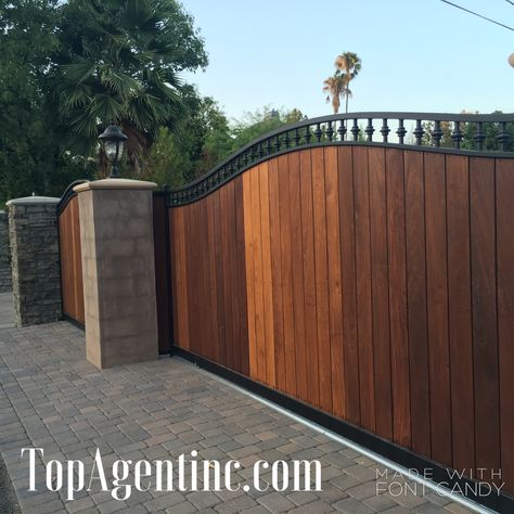 Wood and Iron Rolling Gate Wood And Iron Gate, Wood Gate Diy, Rv Gate, Iron Fence Gate, House Gate, Wood Gate, House Gate Design, Iron Fence, Iron Gates