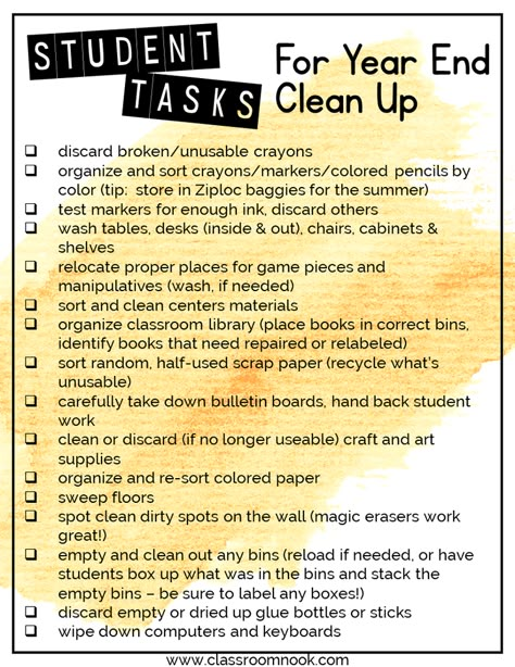 There are a variety of cleaning tasks that your students can do to help you clean up your classroom for the school year Eoy Activities, Teacher Checklist, Clean Classroom, End Of The Year Ideas, Last Days Of School, Last Week Of School, Teaching 2nd Grade, End Of The Year Activities, Classroom Procedures