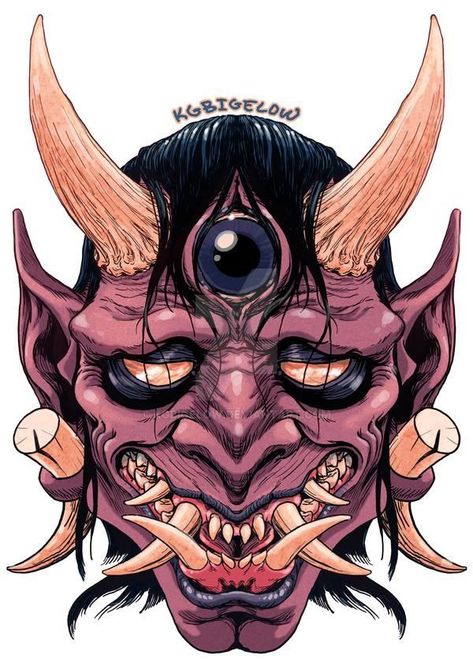 190 Oni Mask Tattoo Designs with Meaning(2023) - TattoosBoyGirl Oni Head Tattoo, Blind Eye Tattoo, Demon Head Tattoo, Kabuki Mask Tattoo, Oni Makeup, Demon Face Tattoo, Oni Teeth, Asian Demon, Oni Face