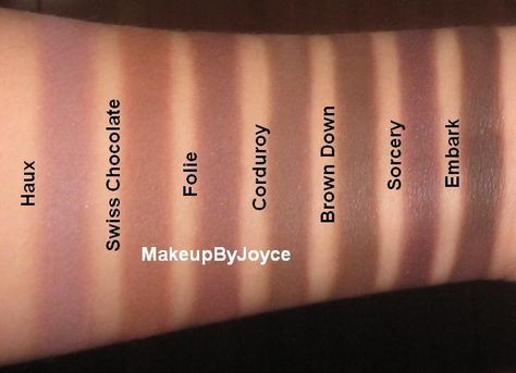 MAC eyeshadow swatches: Haux, Swiss Chocolate, Folie, Corduroy, Brown Down, Sorcery & Embark Mac Eyeshadow Swatches, Mac Palette, Best Mac Makeup, Eyeshadow Swatches, Nyx Lipstick Matte, Tom Ford Makeup, Swiss Chocolate, Cool Skin Tone, Mac Eyeshadow