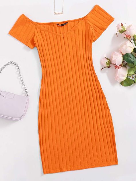 Off Shoulder Bodycon Dress, Ribbed Knit Bodycon Dress, Cute Casual Dresses, Homemade Beauty Tips, Bodycon Dress With Sleeves, Neon Orange, Women Dresses, Pretty Outfits, Cute Dresses