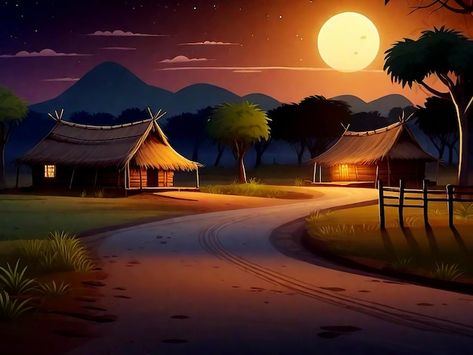 Indian village creepy night vector scene cartoon background Cartoon Village Background, Village Vector, Cartoon Village, Scene Cartoon, Pop Design Photo, Village Park, Good Anime Series, Indian Village, Night Background