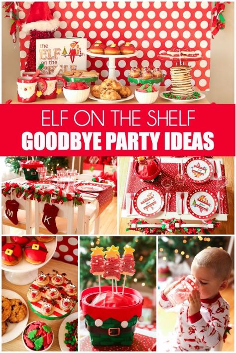 Need some fun Elf on the Shelf goodbye ideas? Love this Elf on the Shelf goodbye breakfast idea, complete with a printable Elf on the Shelf goodbye letter telling your kids to look for the party! Includes everything from fun food and Christmas ideas to El Elf On The Shelf Goodbye, Elf Themed Christmas Party, Elf Party, Christmas Party Ideas For Teens, Holiday Photo Booth, Goodbye Party, Elf Christmas Decorations, Adult Christmas Party, Cookie Decorating Party