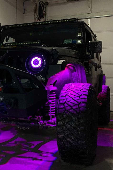 Jeep Wrangler Led Lights, All Black Jeep, Purple Jeep Wrangler, Jeep Led Lights, Jeep Wrangler Interior, Black Jeep Wrangler, Purple Jeep, Purple Led Lights, Green Jeep