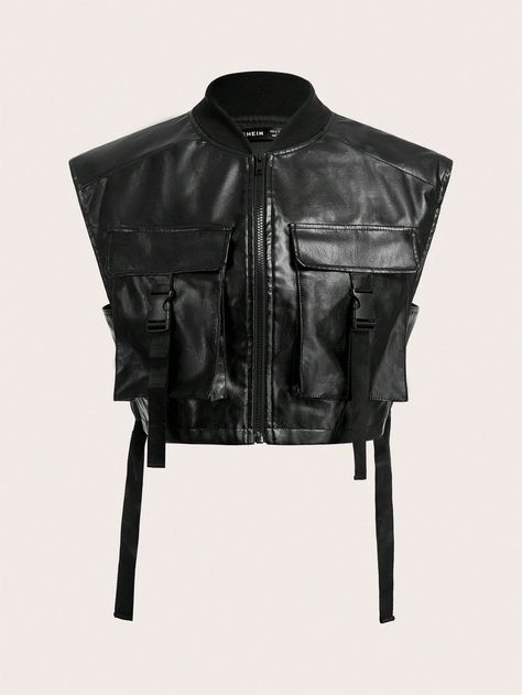 Women's New Autumn Buckle Detail Flap Short PU Workwear Black Vest Jacket Black Casual  Sleeveless Woven Fabric Plain vest Non-Stretch  Women Clothing, size features are:Bust: ,Length: ,Sleeve Length: Gilet Cargo, Plain Vest, Estilo Dark, Leather Waistcoat, Cargo Jacket, Womens Clothes, Black Vest, Sleeveless Jacket, Work Jackets