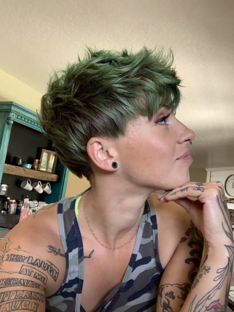 Green Short Hair Men, Pixie Fade, Dark Green Short Hair, Pixie Green Hair, Dark Green Mens Hair, Green Hair Short, Green Short Hair, Green Dyed Hair Short, Green Pixie Cut