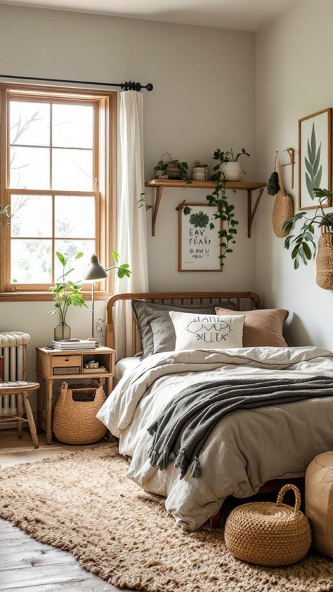 Craft Your Ideal Earthy Bedroom Retreat 🌈 | Use soft earth tones, layered textiles, and natural accents to create a cozy haven. Dive into inspiring looks for cozy cabin vibes, relaxed boho style, and contemporary pastoral aesthetics. Grey Earthy Bedroom, Hygge Bedroom Decor Ideas, Hygge Bedroom Decor, Nature Inspired Room, Earthy Boho Bedroom, Earthy Bedrooms, Cozy Boho Bedroom Ideas, Boho Farmhouse Bedroom, Layered Textiles