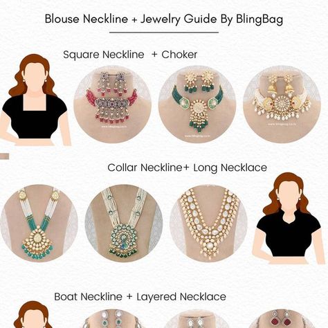 Bollywood Earrings | Necklaces | Sarees on Instagram: "Save This Post because you will definitely need it later. Wondering which types of Necklaces you can style with Blouse Necklines? 😍 Here is a quick guide. Do you want us to do more? Comment "YES"!! Holi Hungama Weekend Sale Is Live 🎁Buy 2 Earring get ₹250 off 🎉Extra ₹150 OFF on purchase of ₹3000 🎉Extra ₹250 OFF on purchase of ₹5000 🎉Extra ₹500 OFF on purchase of ₹8000 and above 👉4-6 days delivery PAN India Tap the link in the bio no Jewellery Guide For Saree, Earrings Neckline Guide, Necklace According To Blouse Neckline, Choker On Saree, Silver Saree Jewellery Ideas, Saree Necklace Ideas, Jewellery On Boat Neck Blouse, Earing For Sarees, Earrings For Round Neck Dress