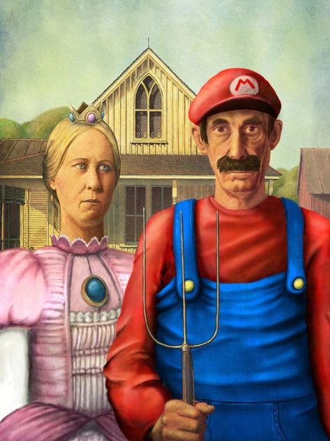 American Gothic - Mushroom Kingdom Gothic American Gothic House, American Gothic Painting, American Gothic Parody, Grant Wood American Gothic, Gothic Painting, Mushroom Kingdom, Grant Wood, American Gothic, Art Parody