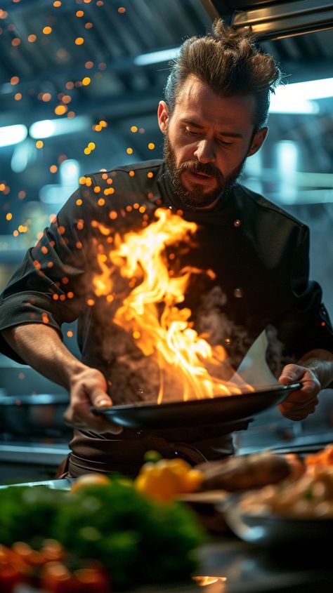 Chef's Fiery Performance: A skilled chef masterfully controls a dramatic flame as he prepares a dish in the kitchen. #chef #cooking #flame #kitchen #intensity #aiart #aiphoto #stockcake ⬇️ Download and 📝 Prompt 👉 https://ayr.app/l/2iy5 Chef In Action Photography, Dramatic Food Photography, Chef Photoshoot Ideas Cooking, Chef Photoshoot Ideas Photo Shoot, Cinematic Food Photography, Cooking Asthetic Picture, Foods Aesthetic Night, Restaurant Shoot Ideas, Chef Cooking Photography