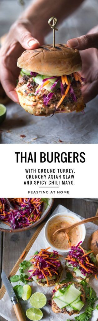 Thai Burgers, Thai Turkey Burgers, Crunchy Asian Slaw, Cucumber Ribbons, Chili Aioli, Turkey Burger Recipe, Feasting At Home, Spicy Aioli, Asian Slaw