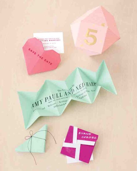 Delight your wedding guests with these string-tied origami programs, whose corners unfold to reveal all the need-to-know info. Origami Wedding Invitations, Origami Table, Diy Wedding Programs, Origami Wedding, Unique Save The Dates, Creative Wedding Invitations, Guest Book Table, Wedding Ceremony Programs, How To Make Origami