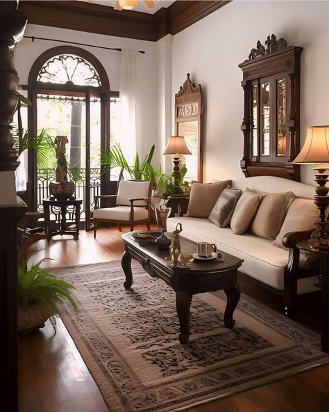 Vintage Indian Interior Design, Vintage Drawing Room Interior, Indian Inspired Decor Living Rooms, Indian Interior Design Living Rooms, Traditional Indian Houses Interior, Heritage Interior Design, Vintage Eclectic Living Room, Indian House Interior, Indian Style Living Room