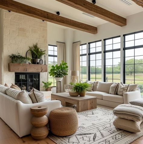 Modern French Cottage Living Room, Hacienda House Decor, Brick Fireplace Modern Farmhouse, Living Room Modern Country, Rambler House Interior Design, Wood Ceiling Living Room, Modern French Farmhouse, Beams Living Room, Mid Century Modern Farmhouse