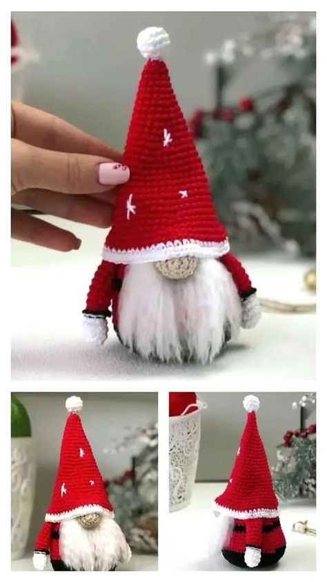 Amigurumi New Year'S Gnome Free Pattern-1 2 Crochet Xmas Decorations, Crochet Gnomes Pattern Free, Crochet Christmas Trees Pattern, Holiday Gnomes, Christmas Crochet Patterns Free, Crochet Christmas Gifts, Crochet Xmas, Decor Crochet, Crochet Christmas Decorations