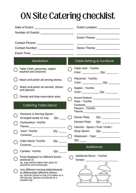 Easy to use On and Off site event catering checklist to help your events run smoothly. Catering Checklist Free Printable, Catering Equipment Checklist, Catering Organization Ideas, Catering Checklist, Event Food Ideas, Event Checklist Template, Small Chops, Event Checklist, Catering Table