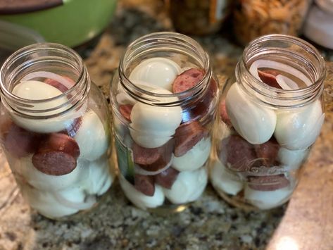 Canned Pickled Sausage, Pickled Egg And Sausage Snack, Pickled Eggs Canning Recipe, Sweet And Spicy Pickled Eggs, Pickled Sausage And Eggs, Pickled Eggs And Sausage, Bar Pickled Eggs Recipe, Pickled Eggs And Sausage Recipe, Pickeled Eggs