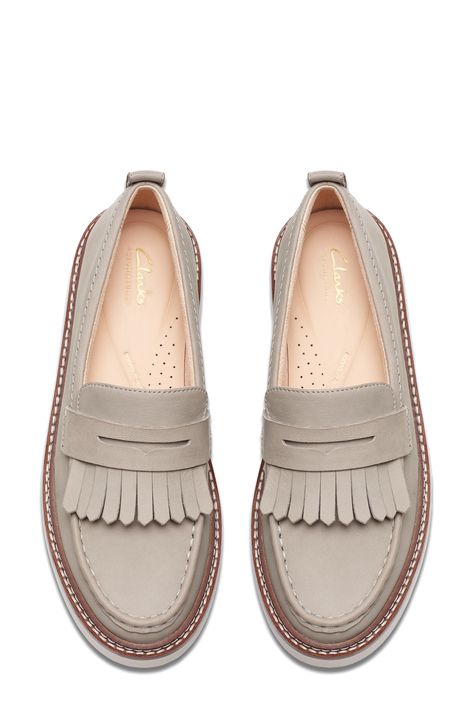 A sporty wedge modernizes a penny loafer complete with kiltie fringe. Cushioned footbed with arch support Leather upper/textile lining/synthetic sole Imported Cute Professional Shoes, Workwear Shoes Women, Women’s Winter Work Shoes, Brown Fall Shoes, Best Loafers For Women, Women’s Work Shoes, Women’s Loafers, Fall Work Shoes, Winter Office Shoes