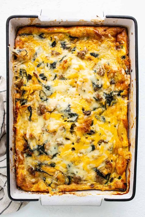 This classic breakfast strata is custardy and fluffy, and perfect for serving a crowd. Filled with Italian bread, sautéed veggies, ground breakfast sausage and tossed with a delicious egg custard. Enjoy! Ciabatta Breakfast Casserole, Strata Recipes Breakfast Overnight, Egg Strata Recipes Overnight Breakfast, Strada Recipe Breakfast, Breakfast Strata Overnight, Breakfast Strata Recipes, Vegetable Strata, Ground Breakfast Sausage, Veggie Breakfast Casserole