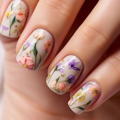 Wedding Nails Flower Design, Wildflower Wedding Nails For Bride, Wildflower Nails Wedding, Wildflower Wedding Nails, Floral Wedding Nails For Bride, Spring Wedding Nails For Bride, Wildflower Nail Designs, Wedding Nails Floral, Floral Wedding Nails