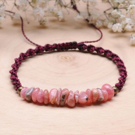 Macrame bracelet with natural rhodochrosite chip beads, available in colours Adjustable Natural Stone Friendship Bracelets, Adjustable Braided Bracelet With Natural Stones, Chip Stone Bracelet, Adjustable Gemstone Braided Bracelets, Loving Awareness, Macrame Gemstone Bracelet, Handmade Jewelry Display, Gemstone Chips Bracelet, Selfless Love