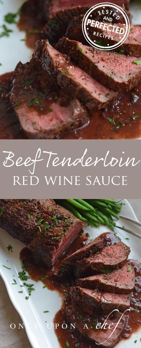 Nothing says holiday dinner like a show-stopping roast, and I love this combination of sear-roasted beef tenderloin with a deeply flavored, richly colored red wine sauce. Not only is it delicious, it�s deceptively simple to make. The sauce can be made mos Crock Pot Red Meat Recipes, Beef With Red Wine Sauce, Beef Tenderloin Recipes Christmas, Baked Beef Recipes, Red Meat Dinner Recipes, Tenderloin With Red Wine Sauce, Roast Beef Tenderloin, Beef Tenderloin Recipes, Roasted Beef