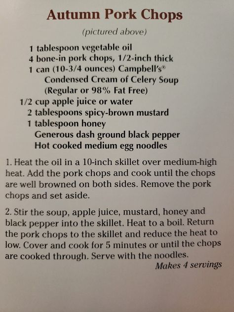 Cream Of Celery Pork Chops, Cream Of Celery, Spicy Brown Mustard, Cream Of Celery Soup, Celery Soup, White Meat, Egg Noodles, Apple Juice, Pork Chops