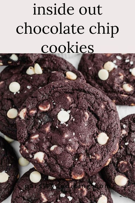 These inside out chocolate chip cookies are chewy and delicious! Cocoa and sweet white chocolate chips gives them a rich chocolate taste and warm cinnamon and vanilla adds even more flavor. Top them with flaky sea salt for that sweet-salty contrast! #cookies #cookierecipes #chocolatechipcookies Inside Out Chocolate Chip Cookies, Inside Out Cookies, White Chocolate Chips Recipes, Milk Chocolate Chip Cookies, White Chocolate Chip Cookies, White Chocolate Cookies, Favorite Cookie Recipe, Cocoa Cookies, Chocolate Cookie Recipes