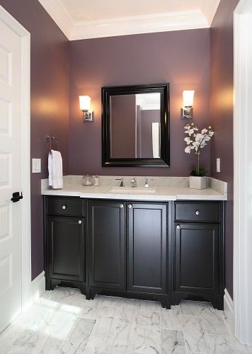 purple bathroom Traditional Powder Room Design, Traditional Powder Room, Powder Room Design Ideas, Makeover Kamar Mandi, Subway Tile Design, Purple Bathrooms, Powder Room Design, Bathroom Paint Colors, Bathroom Color