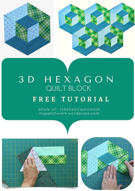 2-minute video tutorial: 3D hexagon quilt block – Sewn Up 3d Hexagon, Tumbling Blocks Quilt, Hexagon Quilt Pattern, Jelly Roll Quilt Patterns, 3d Quilts, Jellyroll Quilts, Quilt Baby, Quilt Block Tutorial, Strip Quilts