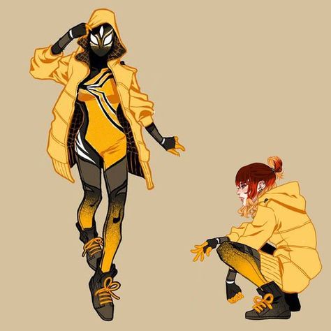 Spidersona With Jacket, Yellow Jacket Drawing, Yellow Spiderman Suit, Electric Oc Design, Bee Superhero Oc, Yellow Spidersona, Yellow Superhero Suit, Spider Suit Design, Yellow Character Design