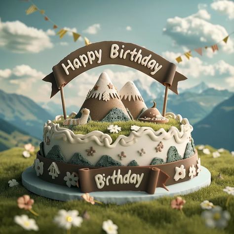 This is a picture of a birthday cake. The cake is decorated with two mountains, some flowers, and a banner that says "Happy Birthday." The cake is sitting on a green field with a blue sky and white clouds in the background. Birthday Cake Mountain, Cake With Mountains, Cake Mountain, Mountain Cake, Mountains Flowers, Cafe Ideas, A Birthday Cake, Green Field, Happy Birthday Banner