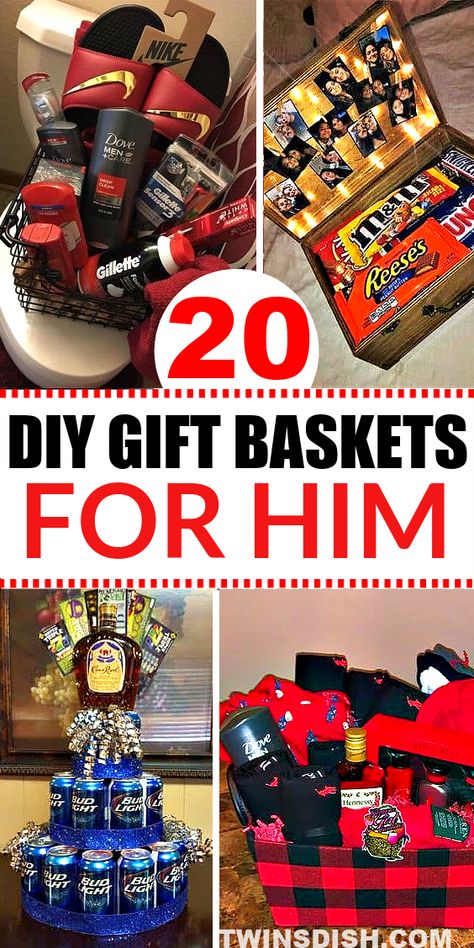 Gift Bucket Ideas For Him, Diy Birthday Gift Basket For Him, Gift Basket Ideas For Husband Birthday, Baseball Box For Boyfriend, Valentines Day Bouquet For Him, 40th Birthday Gift Basket Ideas For Men, Valentines Box For Husband, Boy Valentines Ideas Gifts, Cute Bf Gift Baskets