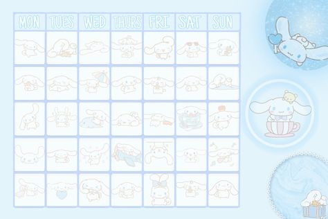 Cinnamoroll calendar without numbers to use for any month Sanrio Schedule Template, Cinnamoroll Calendar 2023, Cinnamoroll Calendar 2024, Sanrio Schedule, Cinnamoroll Calendar, Calendar Sanrio, April Calender, Trabajos Aesthetic, Kawaii Calendar