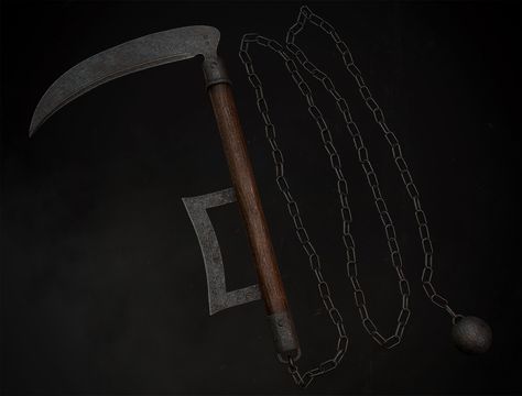 Kusarigama (鎖鎌) by Mario FernándezThe Kusarigama is a ninja weapon and its meaning in Japanese is Scythe. With this project I wanted to test my skills to create an asset in a short period of time. Punisher Marvel, The Monks, Axes, Swords, Concept Art, Mario, Period, Meant To Be, Marvel