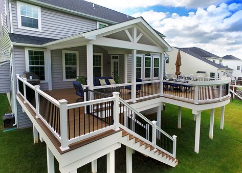 This custom deck & porch combo was designed and built to create more usable living space for the homeowner. Pull up a chair at the custom curved bar top or escape from the weather under a lovely A frame porch. Features such as a custom lighting package, gable end detail in the porch & 5' wide steps help to Backyard Decks, Deck Remodel, Building A Porch, Patio Deck Designs, Composite Deck, Deck Designs Backyard, House Deck, Custom Decks, Decks Backyard