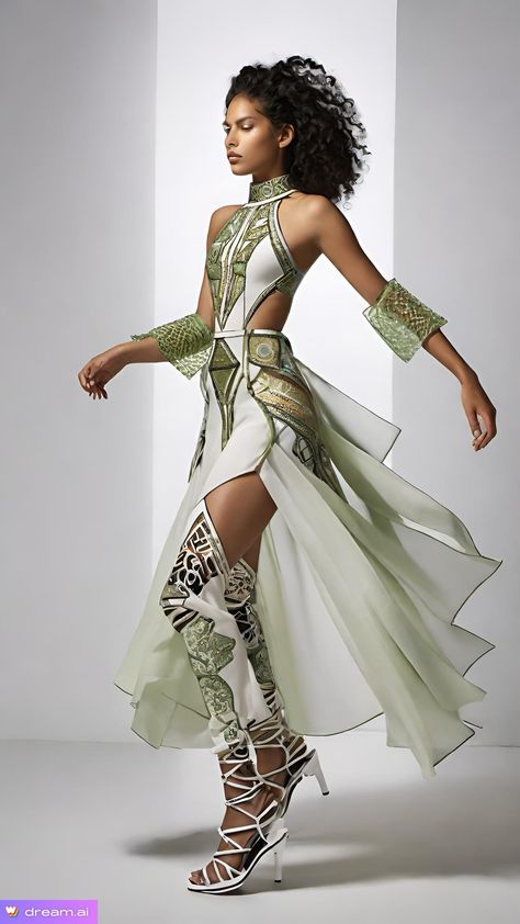 Solarpunk Fashion Outfits, Egyptian Style Clothes, Solarpunk Outfit, Egyptian Clothing Women, Modern Egyptian Fashion, Solarpunk Fashion, Goddess Outfit, Futuristic Fashion, Fantasy Dress