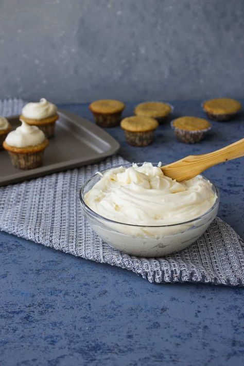 Looking for a homemade cream cheese frosting recipe that isn't too sweet? This low sugar cream cheese frosting is silky smooth, pipeable and easy to make. Put it on top of carrot cake, red velvet cake, birthday cake, cupcakes, cookies and more. You can make this frosting ahead of time and freeze it until you are ready yo use it. Only 10 grams of sugar per serving. This healthier cream cheese frosting recipe is our favorite frosting to make. Low Sugar Frosting, Icing For Cupcakes, Healthy Cream Cheese Frosting, Healthy Cream Cheese, Vanilla Bean Frosting, Peach Muffins, Cheese Frosting Recipe, Lemon Blueberry Bread, Sugar Frosting