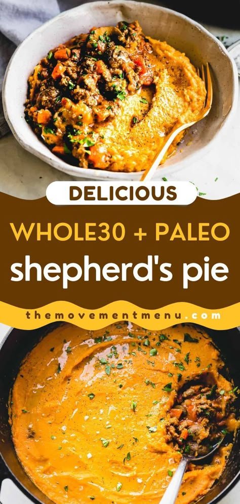 Say hello to your new favorite comfort food dinner! Full of veggies and topped with sweet potato mash, this healthy shepherd's pie recipe is one of the most delicious meals ever. Plus, it's gluten-free, dairy-free, paleo, and Whole30! Whole 30 Shepherds Pie, Paleo Shepards Pie, Sweet Potato Shepards Pie, Paleo Sweet Potato Recipes, Cheap Paleo Meals, White Sweet Potato, Dairy Free Recipes Easy, Paleo Dinners, Sweet Potato Mash