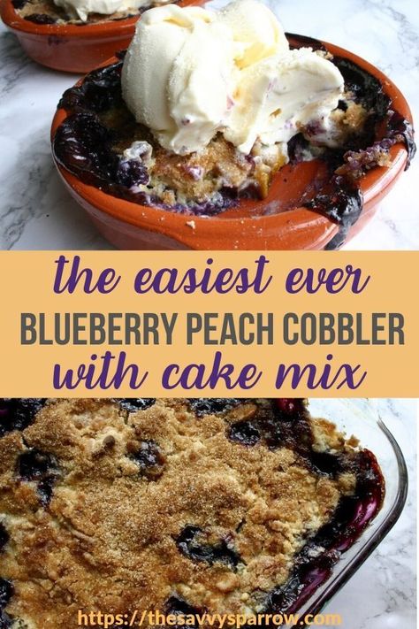 Peach Blueberry Cobbler Easy, Blueberry And Peach Cobbler, Peach And Blueberry Recipes, Blueberry Peach Dump Cake, Cake With Canned Peaches, Easy Cobbler Recipes, Easy Dump Cake Recipes, Simple Deserts, Peach Stuff