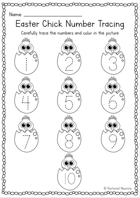 Here's a super cute Easter number tracing worksheet - a great way for your children to practice their number formation. Simply print it off, give them a pencil or some crayons and encourage them carefully trace over the numbers in the Easter eggs - then when they've finished, they get to color in all those little chicks. Cute! Grab the worksheet over at Nurtured Neurons! #numberformation #numbertracing #easterworksheets #easter #preschoolworksheets #kindergartenworksheets #kindergarten Easter Tracing Preschool, Bunny Counting Preschool, Baby Chick Activities Preschool, Preschool Easter Chick Craft, Easter Tracing, Chicks Cute, Easter Preschool Worksheets, Pencil Skills, Worksheet Kindergarten