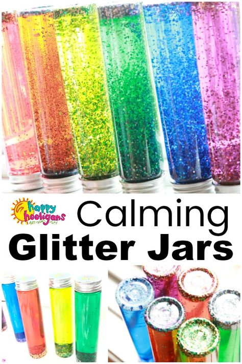 A Calming Glitter Jar is easy to make using clear glue, hot water, glitter and food colouring. It's mesmerizing to play with and a great tool for helping toddlers and preschoolers calm down and manage big emotions. A must-make for home, daycare and the preschool classroom. #HappyHooligans #EsmeandRoy # Treehouse #SesameWorkshop #Nelvana #Preschoolers #Toddlers #Emotions #Behaviour #Sensory #Parenting #HomeDaycare #Preschool Calm Down Song, Glitter Sensory Bottles, Calming Bottle, Calming Jar, Calm Down Jar, Glitter Ideas, Calm Down Bottle, Home Day Care, Happy Hooligans