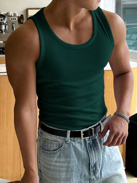 Men's Basic Casual Solid Color Round Neck Tank Top Dark Green Casual  Sleeveless Fabric Plain  Non-Stretch  Men Clothing, size features are:Bust: ,Length: ,Sleeve Length: Green Muscle Tee Outfit, Dark Green Tank Top Outfit, Dark Green Outfit Men, Green Tank Top Outfit, Green Outfit Men, Preppy Outfits Men, Fits Inspiration, Shein Men, Wellness Massage