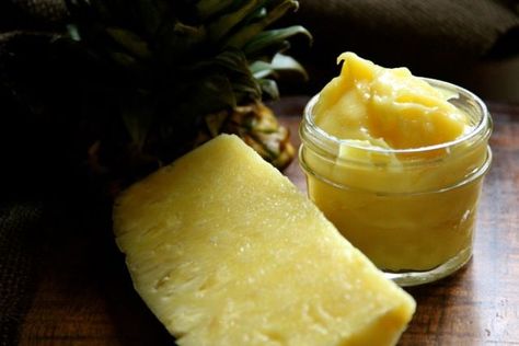 Pineapple Curd -1C pineapple puree, strained, 1/3C sugar, 3 egg yolks, 2T cornstarch, small pinch of salt, 2T butter - In med saucepan, whisk together puree, sugar, egg yolks, cornstarch & pinch of salt. Turn heat to med & whisk constantly til mixture thickens. Remove from heat & whisk in butter til melted. Store in a glass jar, sealed, for up to 1 wk.*To make fresh pineapple puree put about 1/2 of fresh pineapple into blender on high til smooth. Strain puree thru wire sieve. Produces 1 C Cupcake Fillings, Pineapple Bars, Pineapple Curd, Alaska Recipes, Curd Recipes, Pineapple Muffins, Lady Marmalade, Curd Recipe, Fresh Pineapple