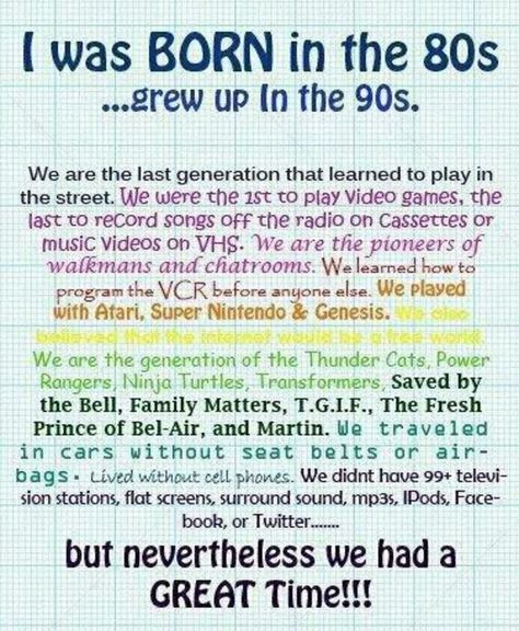 Born in the 80s...grew up in the 90s The 80's, E Card, 90s Kids, The Good Old Days, The 80s, The 90s, Great Quotes, True Stories, Childhood Memories