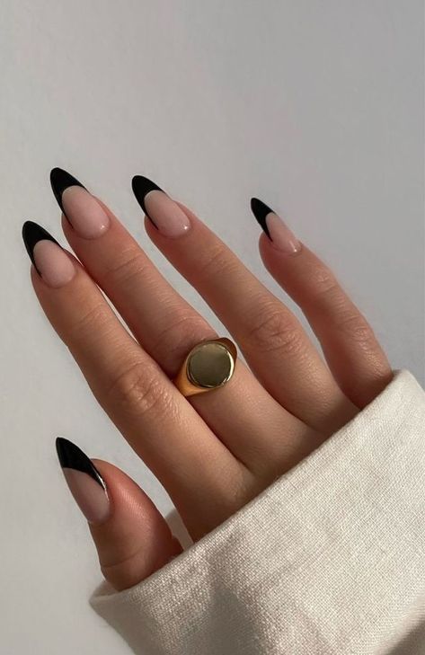 Black Almond Nails, Black French Tip, Stiletto Nails Short, August Nails, Black Acrylic Nails, Almond Acrylic Nails, Black French, Neutral Nails, Minimalist Nails