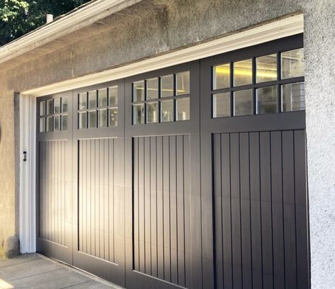 Nice Garage Doors, Black Farmhouse Garage Door, Red Barn House, Maine Farmhouse, Black Garage Doors, Double Garage Door, Garage Door House, Black Garage, Farmhouse Garage